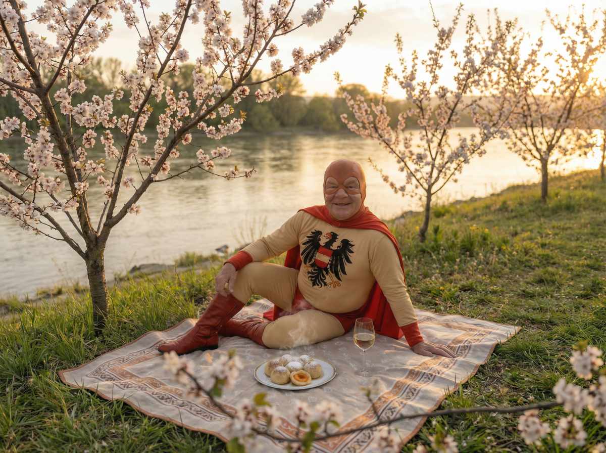 Austriaman macht Picknick mit Marillenknödel in Niederösterreich