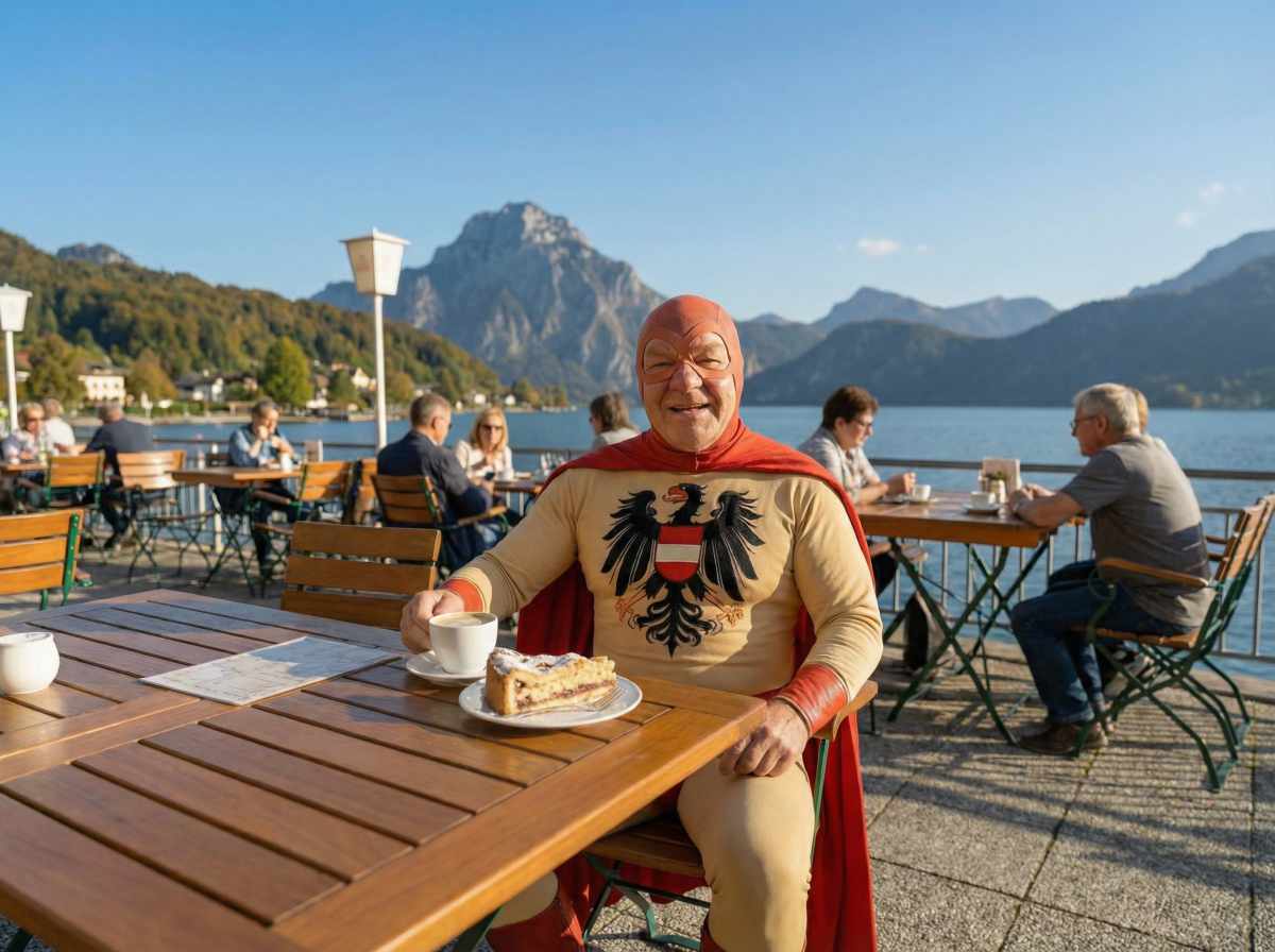 Austriaman sitzt im Cafe in Oberösterreich