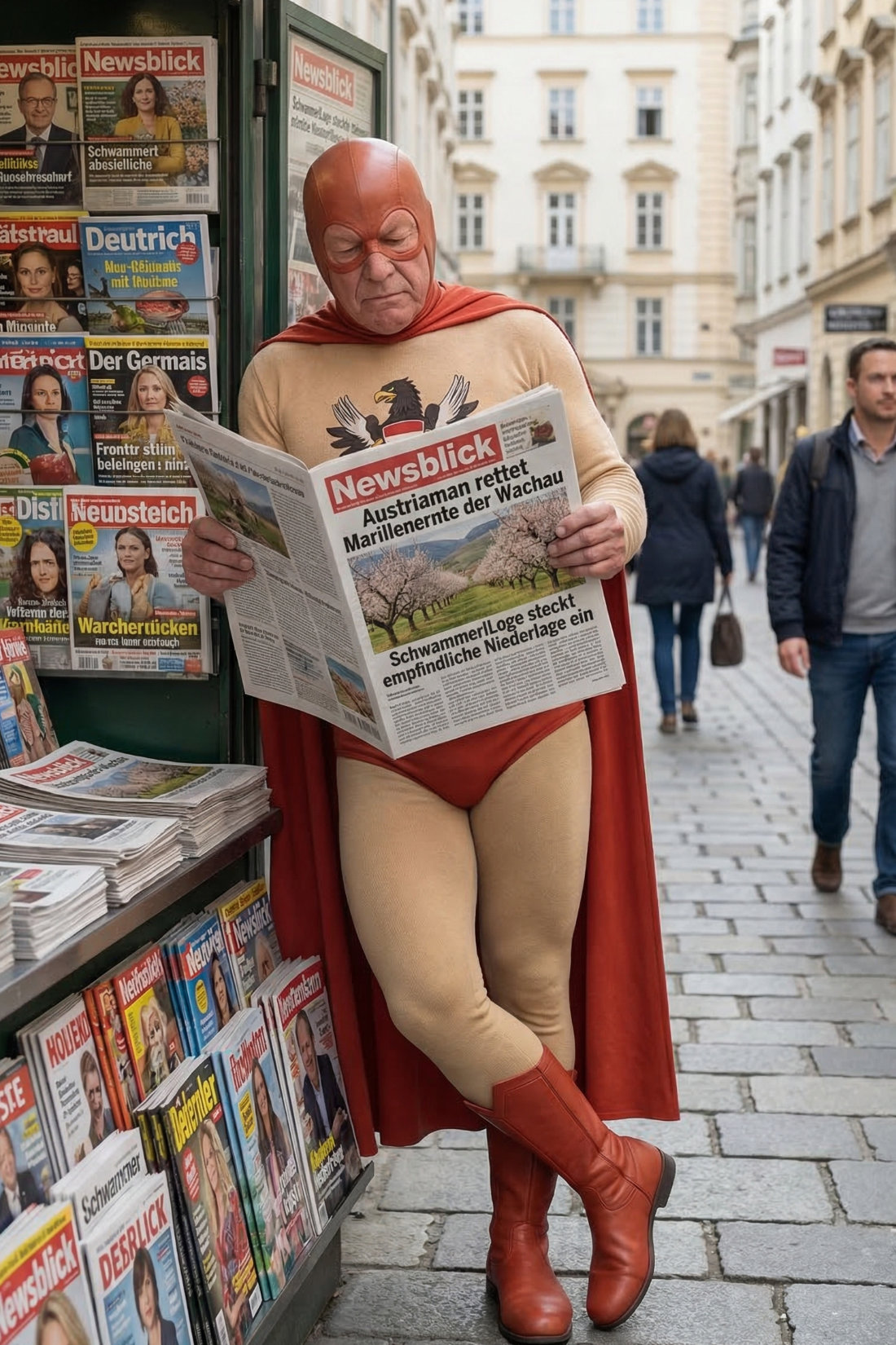 Austriaman liest Zeitung vor der Trafik